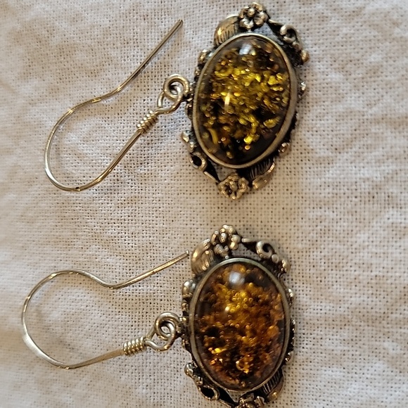 Green Amber Silver Sterling Dangle Earrings - Picture 3 of 3